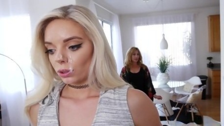 Nude blonde fucks with her mom's new boyfriend in a series of XXX scenes