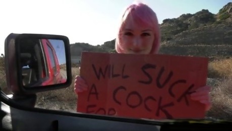 Trans hitchhiker with flat tits Claire Tenebrarum sucks cock for a ride