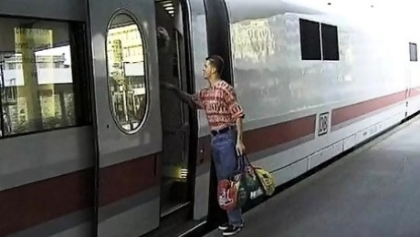 Hot German blonde with amazing round tits gets to please a dude on a train