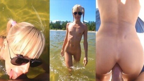 Hard dick feels alright in the blond ass | Saliva Bunny does deepthroat and anal on the beach